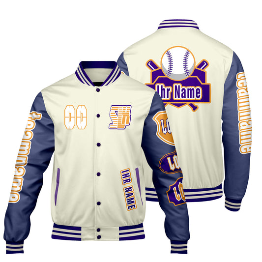 Maßgeschneiderte Weiß Lila Letterman Varsity Jacket Individuelle Stickerei  Druck nach Ihrem Wunsch