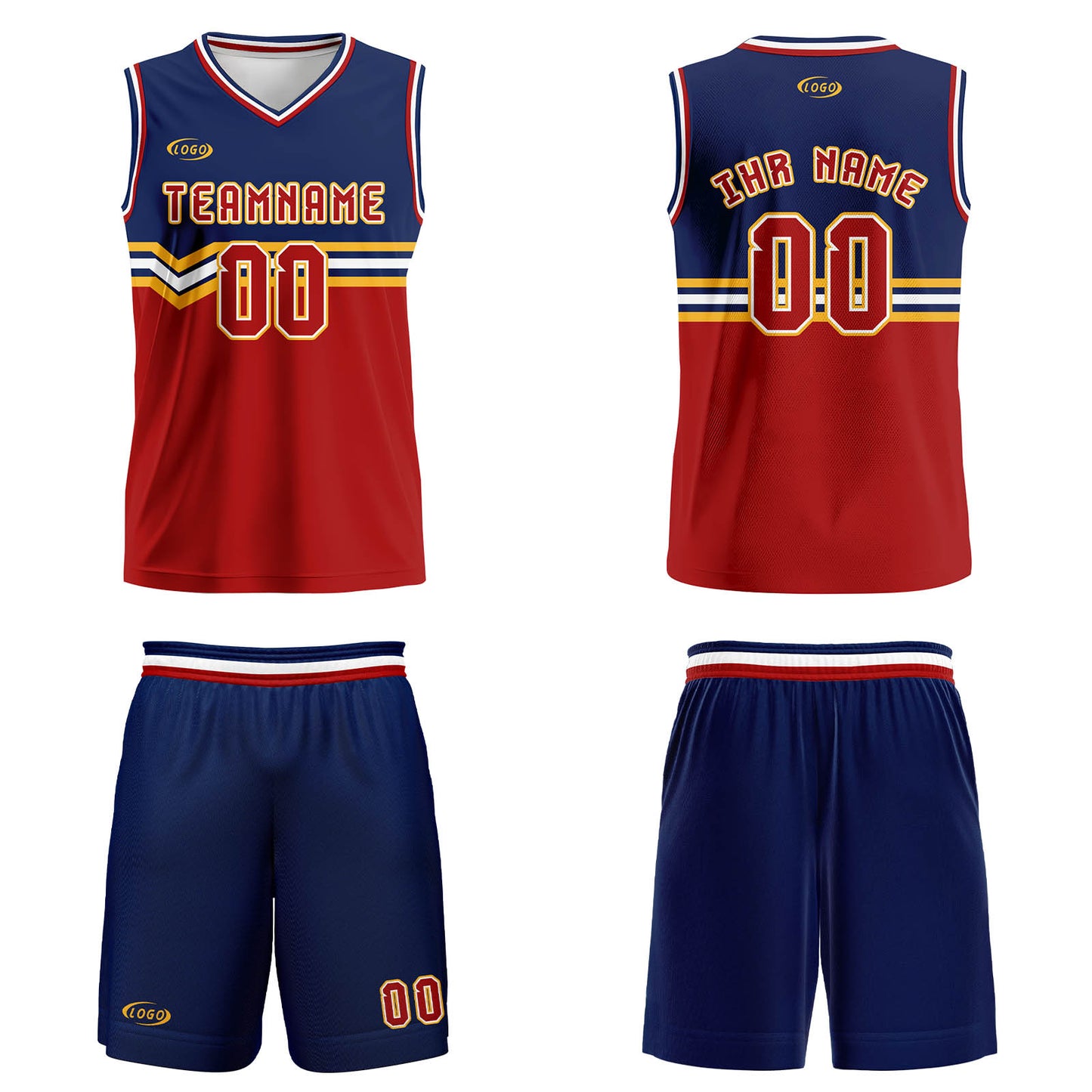 Benutzerdefinierter Blau Rot Gold Weiß Basketball Jersey Uniform Anzug gedruckt Ihr Logo Name Nummer