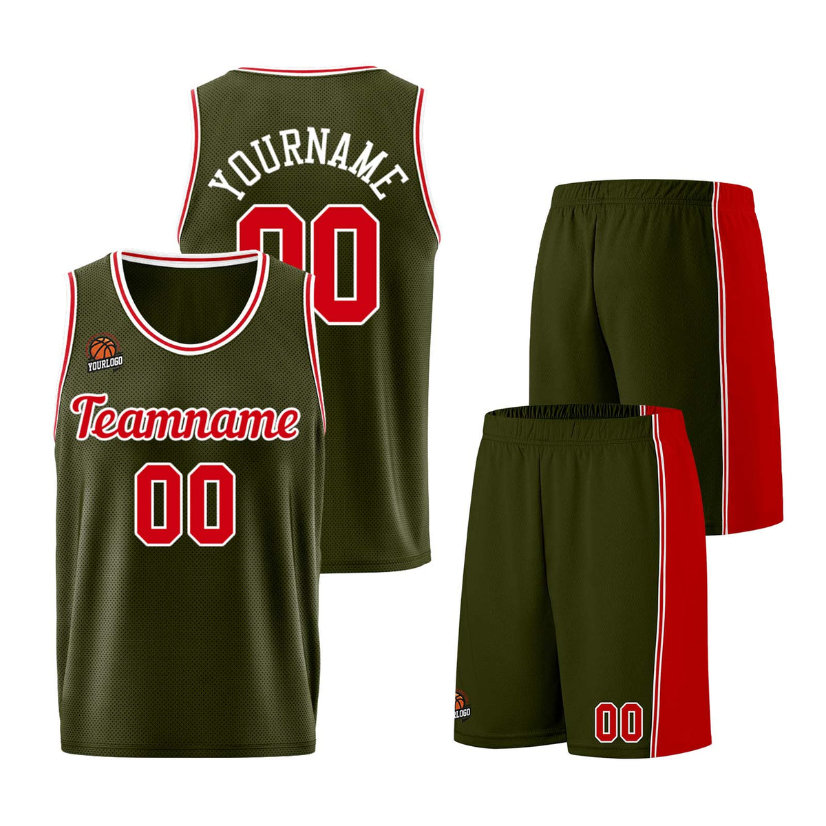 Individuelle Armeegrün-Rot Basketball Jersey Shorts für Männer und Frauen Gestickter und gedruckter Name, Nummer und Logo