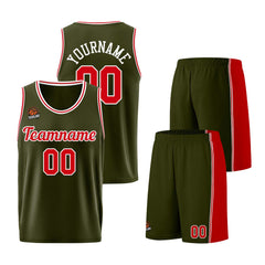 Individuelle Armeegrün-Rot Basketball Jersey Shorts für Männer und Frauen Gestickter und gedruckter Name, Nummer und Logo