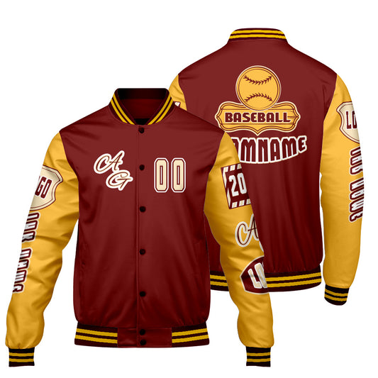Maßgeschneiderte Rot Gelb Letterman Varsity Jacket Individuelle Stickerei  Druck nach Ihrem Wunsch