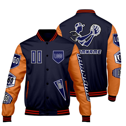 Maßgeschneiderte Marine Orange Letterman Varsity Jacket Individuelle Stickerei  Druck nach Ihrem Wunsch