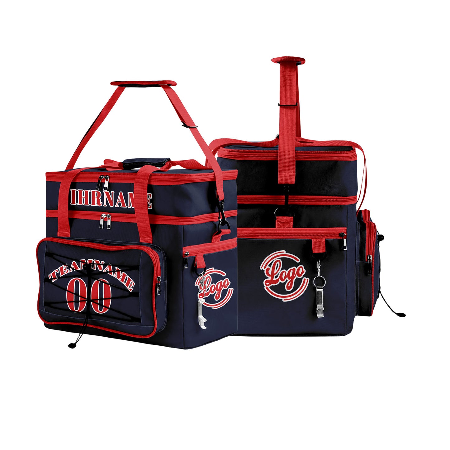 Maßgeschickerte Blau Rot vollflächig bedruckte isolierte Kühltasche mit Doppelwand Wasserdichte 600D Oxford Picknick-Tragetasche für Teamevents & Outdoor-Grillen