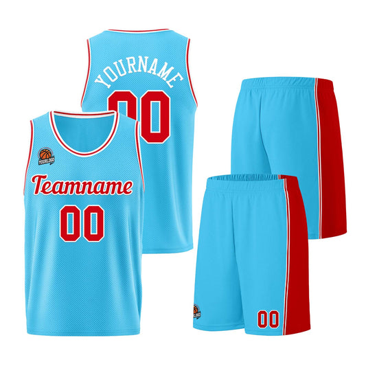 Individuelle Hellblau Rot Basketball Jersey Shorts für Männer und Frauen Gestickter und gedruckter Name, Nummer und Logo