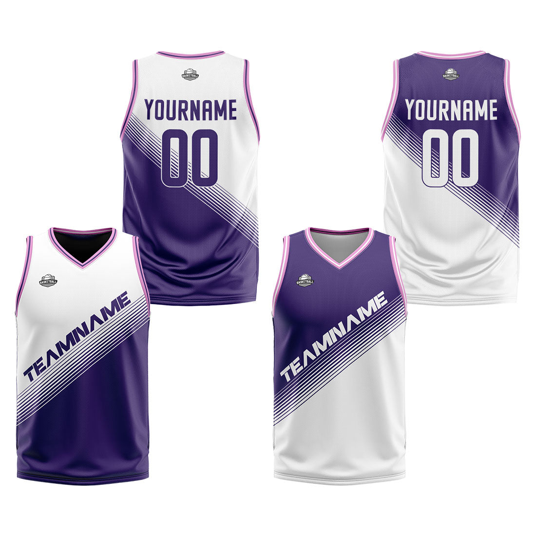 Benutzerdefinierte Weiß Lila Reversible Basketball Jersey Personalisierte Print Name Nummer Logo