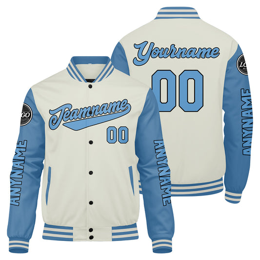Maßgeschneiderte Hellblaue Creme Letterman Varsity Jacket Individuelle Stickerei Druck nach Ihrem Wunsch