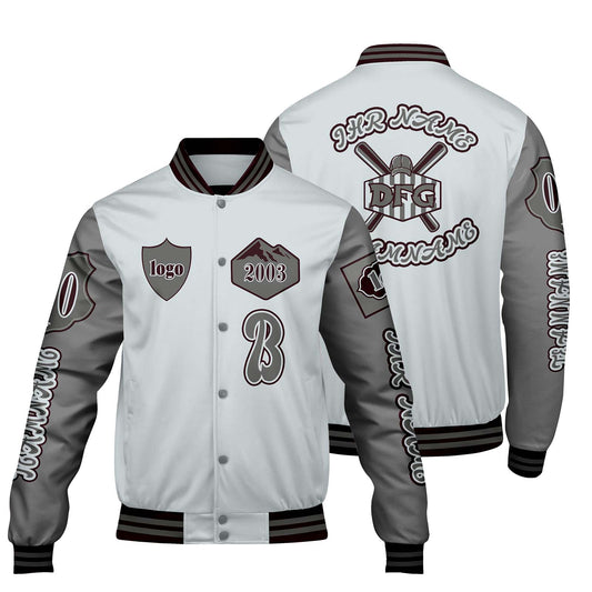 Maßgeschneiderte Grau Letterman Varsity Jacket Individuelle Stickerei  Druck nach Ihrem Wunsch