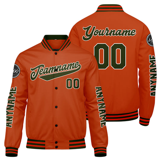 Maßgeschneiderte Olivengrün Orange Letterman Varsity Jacket Individuelle Stickerei Druck nach Ihrem Wunsch