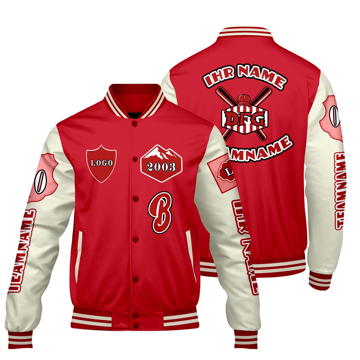 Maßgeschneiderte Rot Weiß Letterman Varsity Jacket Individuelle Stickerei  Druck nach Ihrem Wunsch