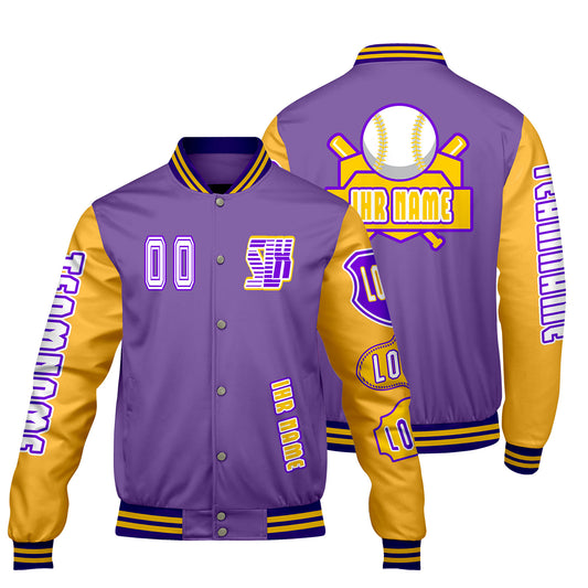 Maßgeschneiderte Lila Gelb Letterman Varsity Jacket Individuelle Stickerei  Druck nach Ihrem Wunsch