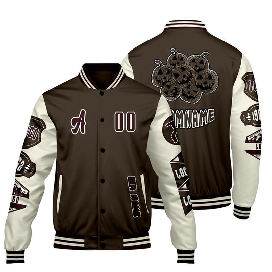 Maßgeschneiderte Braun Weiß Letterman Varsity Jacket Individuelle Stickerei  Druck nach Ihrem Wunsch
