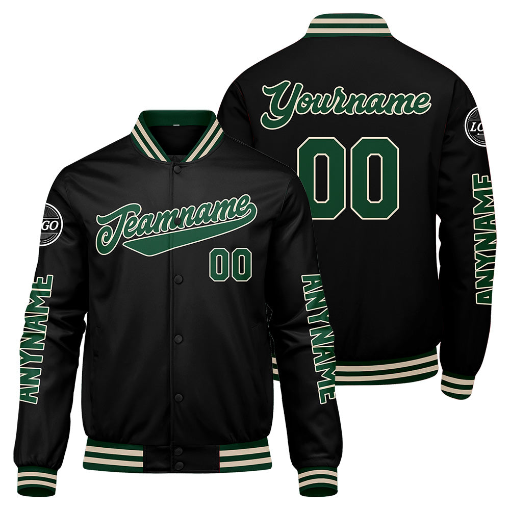 Maßgeschneiderte Dunkelgrün Schwarze Creme Letterman Varsity Jacket Individuelle Stickerei Druck nach Ihrem Wunsch