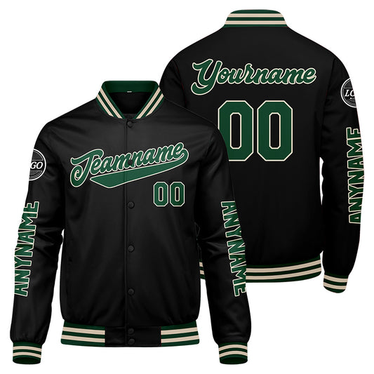 Maßgeschneiderte Dunkelgrün Schwarze Creme Letterman Varsity Jacket Individuelle Stickerei Druck nach Ihrem Wunsch