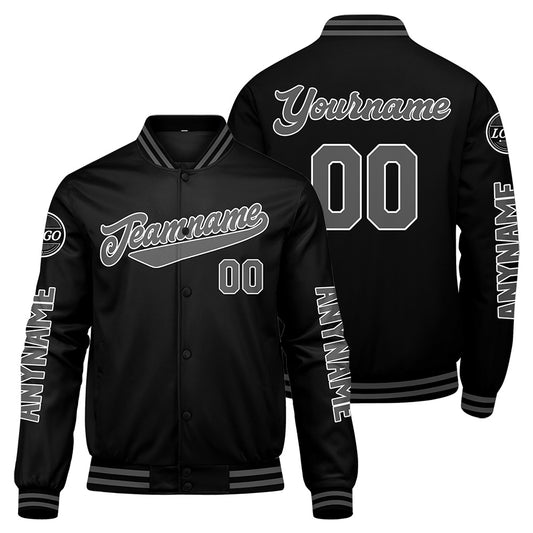 Maßgeschneiderte Schwarz Grau Letterman Varsity Jacket Individuelle Stickerei Druck nach Ihrem Wunsch