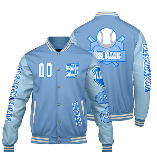 Maßgeschneiderte Blau Letterman Varsity Jacket Individuelle Stickerei  Druck nach Ihrem Wunsch