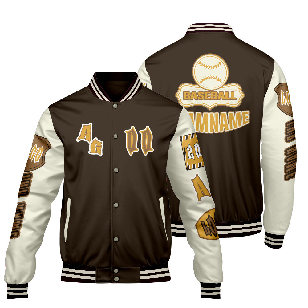 Maßgeschneiderte Braun Gelb Letterman Varsity Jacket Individuelle Stickerei  Druck nach Ihrem Wunsch