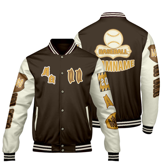Maßgeschneiderte Braun Gelb Letterman Varsity Jacket Individuelle Stickerei  Druck nach Ihrem Wunsch
