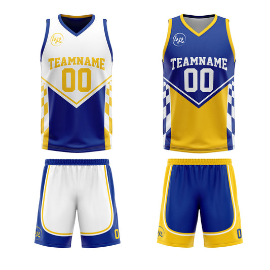 Benutzerdefinierte Blau Gelb Reversible Basketball Jersey Personalisierte Drucken Name Nummer Logo