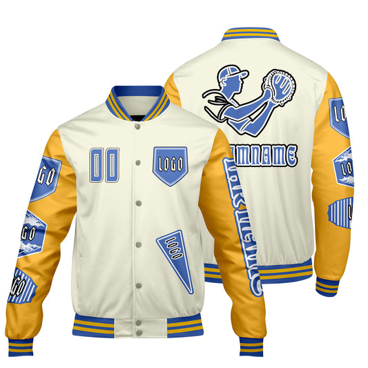 Maßgeschneiderte Weiß Gelb Letterman Varsity Jacket Individuelle Stickerei  Druck nach Ihrem Wunsch