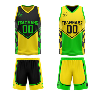 Benutzerdefinierte Schwarz Gelb Lichtgrün Reversible Basketball Jersey Personalisierte Print Name Nummer Logo