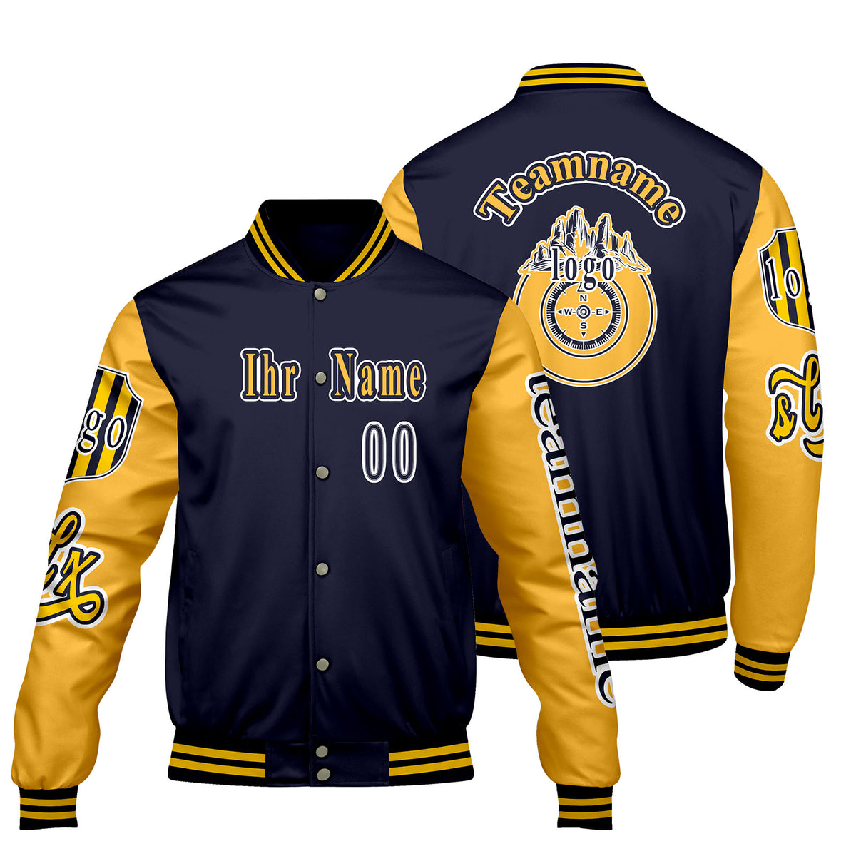 Maßgeschneiderte Marine Gelb Letterman Varsity Jacket Individuelle Stickerei  Druck nach Ihrem Wunsch