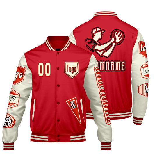 Maßgeschneiderte Rot Beige Letterman Varsity Jacket Individuelle Stickerei  Druck nach Ihrem Wunsch