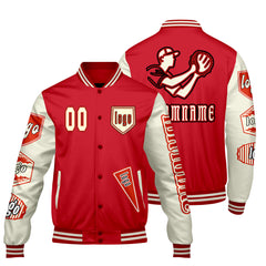 Maßgeschneiderte Rot Beige Letterman Varsity Jacket Individuelle Stickerei  Druck nach Ihrem Wunsch