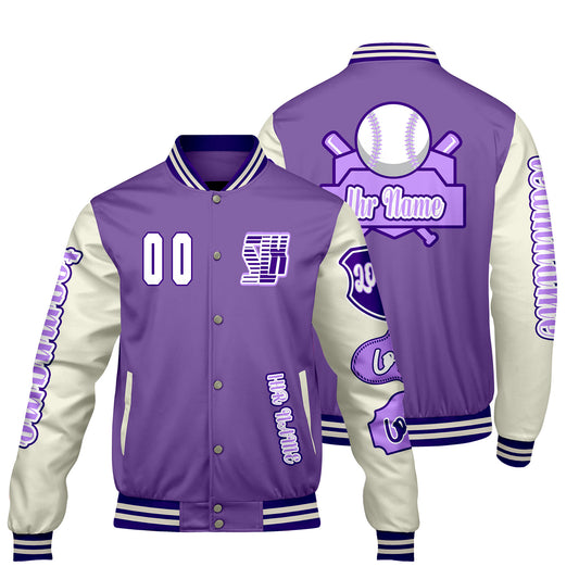 Maßgeschneiderte Lila Weiß Letterman Varsity Jacket Individuelle Stickerei  Druck nach Ihrem Wunsch