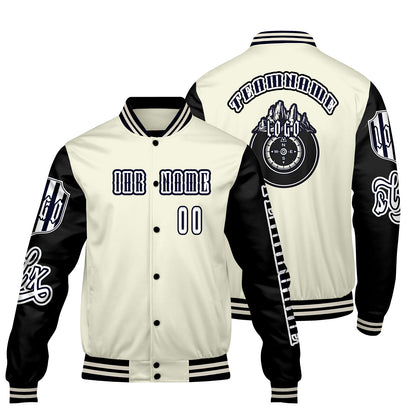 Maßgeschneiderte Weiß Schwarz Letterman Varsity Jacket Individuelle Stickerei  Druck nach Ihrem Wunsch