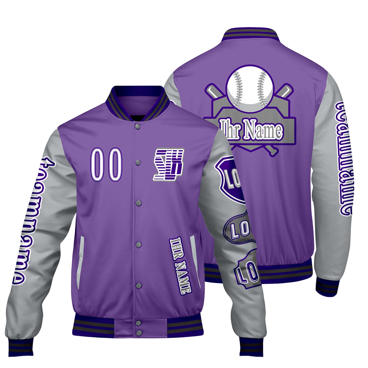 Maßgeschneiderte Lila Grau Letterman Varsity Jacket Individuelle Stickerei  Druck nach Ihrem Wunsch