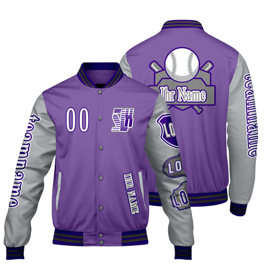 Maßgeschneiderte Lila Grau Letterman Varsity Jacket Individuelle Stickerei  Druck nach Ihrem Wunsch