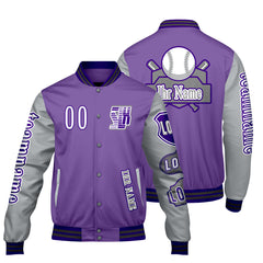 Maßgeschneiderte Lila Grau Letterman Varsity Jacket Individuelle Stickerei  Druck nach Ihrem Wunsch