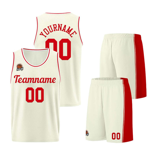 Individuelle Creme-Rot Basketball Jersey Shorts für Männer und Frauen Gestickter und gedruckter Name, Nummer und Logo