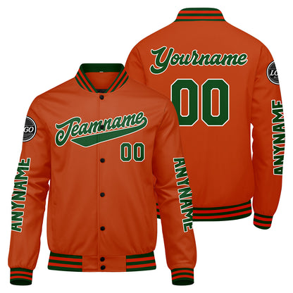Maßgeschneiderte Dunkelgrün Orange Letterman Varsity Jacket Individuelle Stickerei Druck nach Ihrem Wunsch