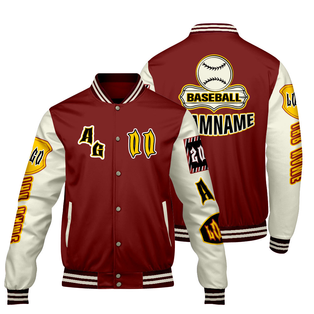 Maßgeschneiderte Rot Gelb Letterman Varsity Jacket Individuelle Stickerei  Druck nach Ihrem Wunsch