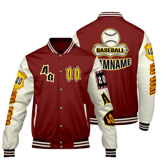 Maßgeschneiderte Rot Gelb Letterman Varsity Jacket Individuelle Stickerei  Druck nach Ihrem Wunsch