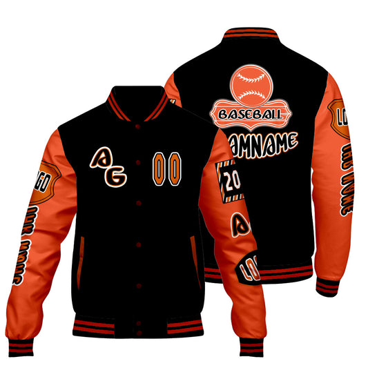 Maßgeschneiderte Schwarz Orange Letterman Varsity Jacket Individuelle Stickerei  Druck nach Ihrem Wunsch