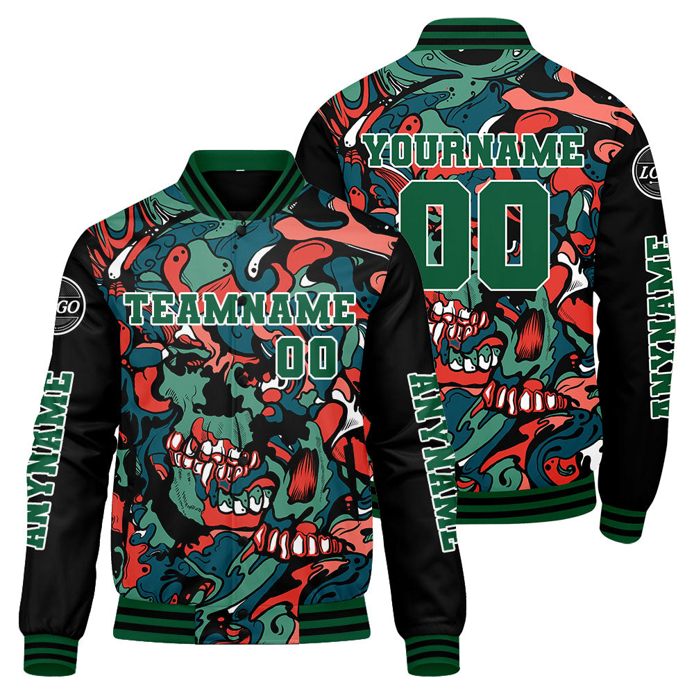 Maßgeschneiderte Grün Orange Letterman Varsity Jacket Individuelle Stickerei Druck nach Ihrem Wunsch