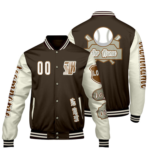 Maßgeschneiderte Braun Weiß Letterman Varsity Jacket Individuelle Stickerei  Druck nach Ihrem Wunsch