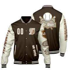 Maßgeschneiderte Braun Weiß Letterman Varsity Jacket Individuelle Stickerei  Druck nach Ihrem Wunsch