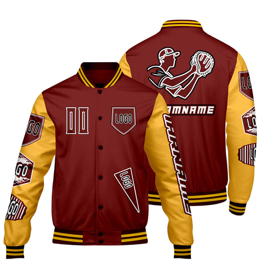 Maßgeschneiderte Rot Gelb Letterman Varsity Jacket Individuelle Stickerei  Druck nach Ihrem Wunsch