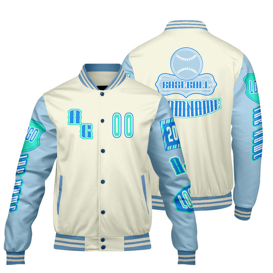 Maßgeschneiderte Blau Grün Letterman Varsity Jacket Individuelle Stickerei  Druck nach Ihrem Wunsch