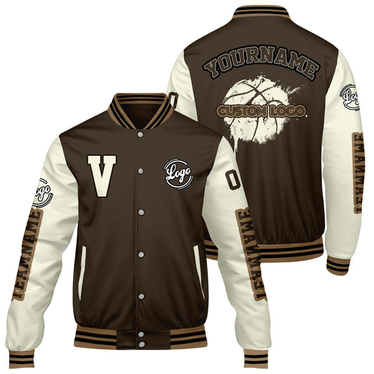 Maßgeschneiderte Braune Creme Letterman Varsity Jacket Individuelle Stickerei Druck nach Ihrem Wunsch