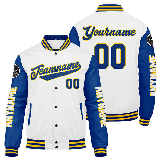 Maßgeschneiderte Königliche Weiß Gelb Letterman Varsity Jacket Individuelle Stickerei Druck nach Ihrem Wunsch