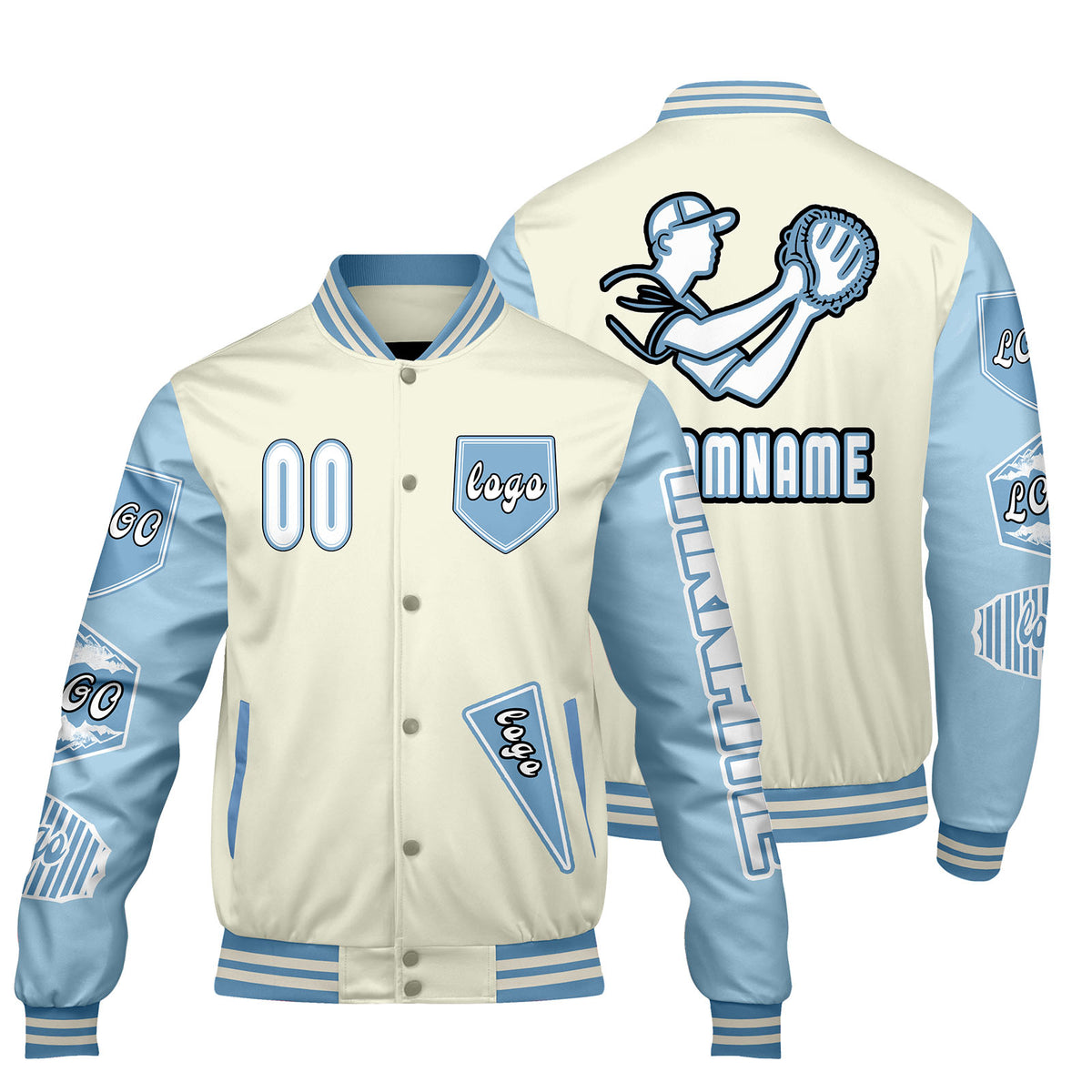 Maßgeschneiderte Weiß Blau Letterman Varsity Jacket Individuelle Stickerei  Druck nach Ihrem Wunsch
