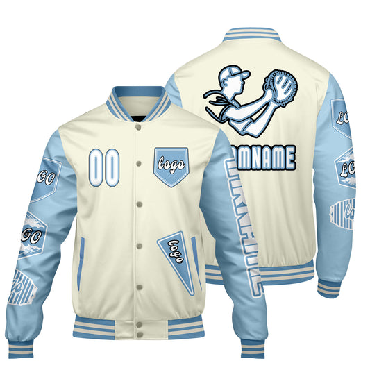 Maßgeschneiderte Weiß Blau Letterman Varsity Jacket Individuelle Stickerei  Druck nach Ihrem Wunsch