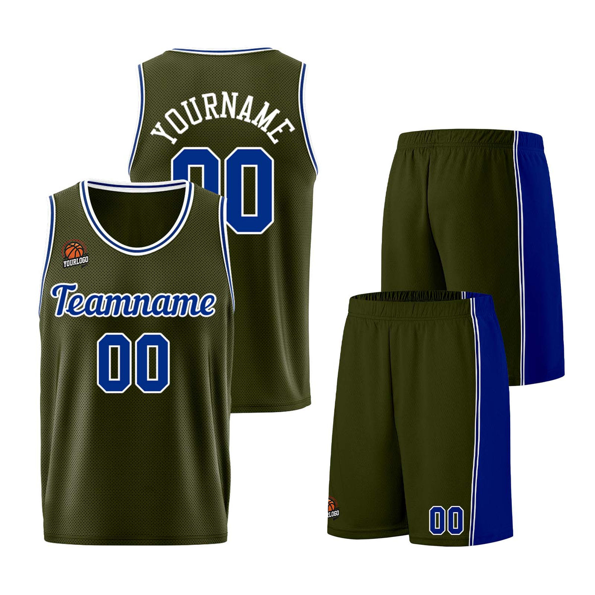 Individuelle Armeegrün-Königlich Basketball Jersey Shorts für Männer und Frauen Gestickter und gedruckter Name, Nummer und Logo
