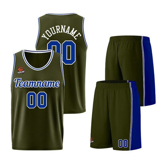 Individuelle Armeegrün-Königlich Basketball Jersey Shorts für Männer und Frauen Gestickter und gedruckter Name, Nummer und Logo