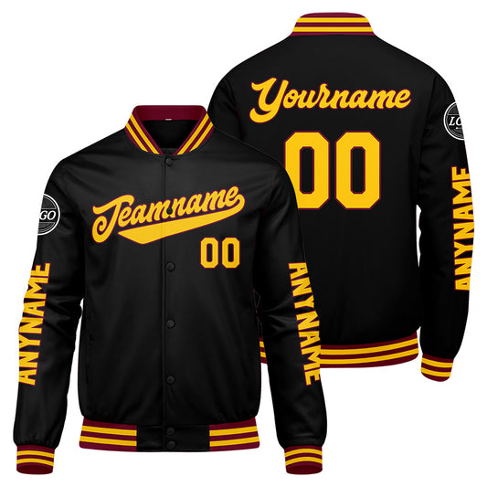 Maßgeschneiderte Crimson Schwarz Gelb Letterman Varsity Jacket Individuelle Stickerei Druck nach Ihrem Wunsch