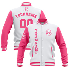 Benutzerdefiniert Weiß Rosa Wasserdichte Varsity Jacken Personalisiert genäht Name Nummer Logo zu Letterman Jacken